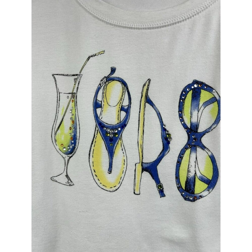 Chicos Weekends Womens White Beach Graphic 3/4 Sleeve Top Size 1 Medium - Picture 3 of 6